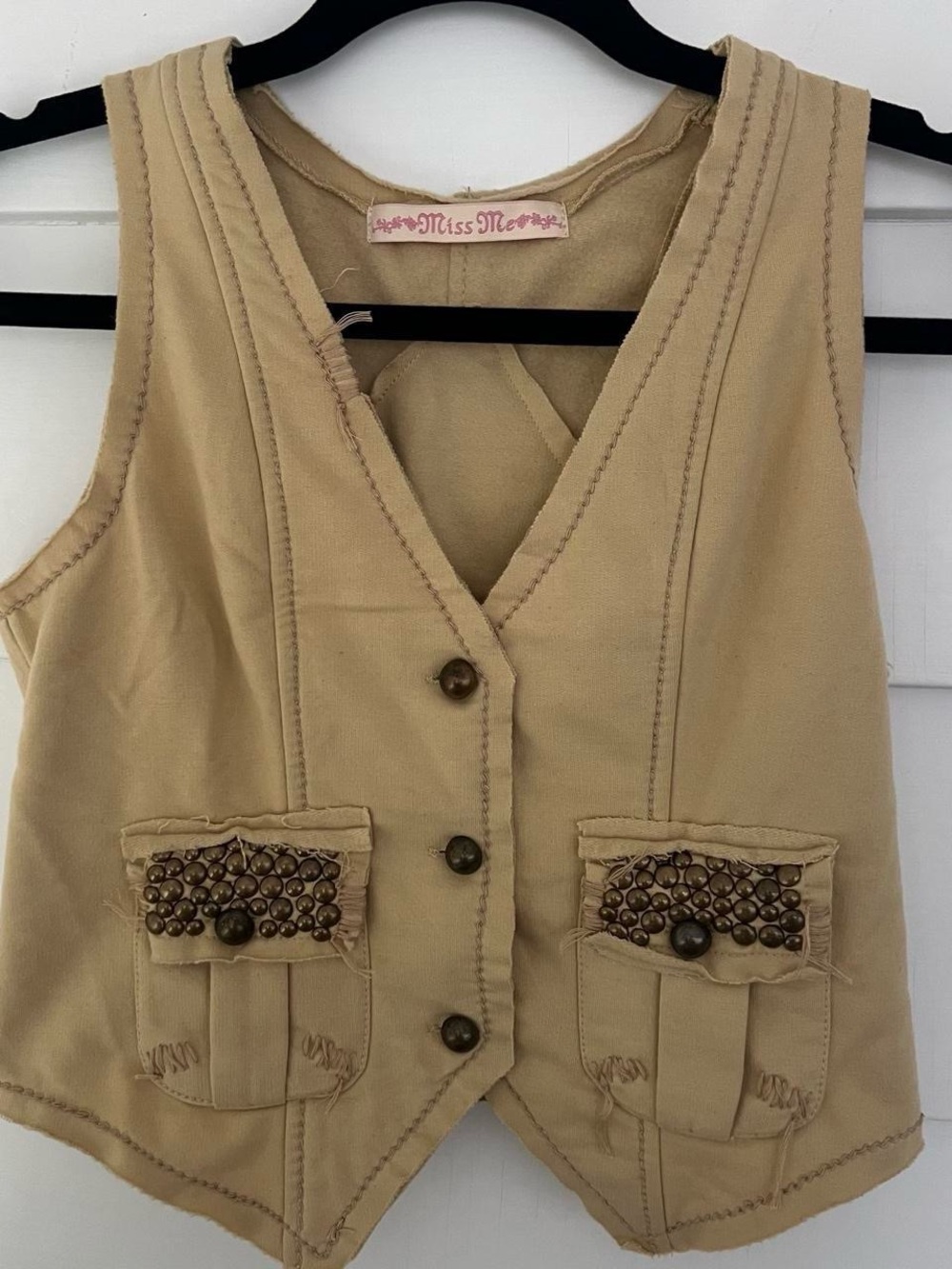 Y2K Miss Me Tan Embellished Studded Distressed Tan Vest